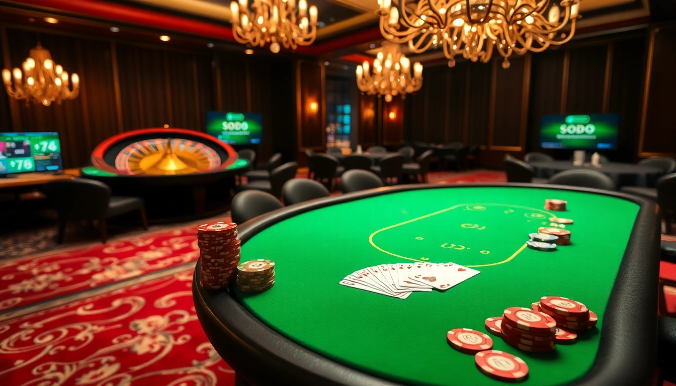 SODO casino scene showcasing high-stakes poker with exclusive chips and winning cards.