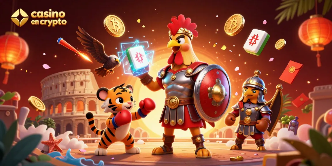 Plongez dans l'univers du casino en crypto avec une scène illustrant un coq gladiateur et des éléments de jeu captivants.