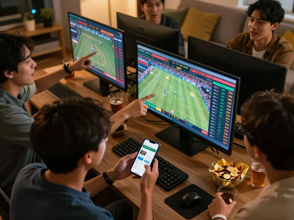 Betting enthusiast engaged in live sports wagering on fabet app, surrounded by friends in a lively atmosphere.