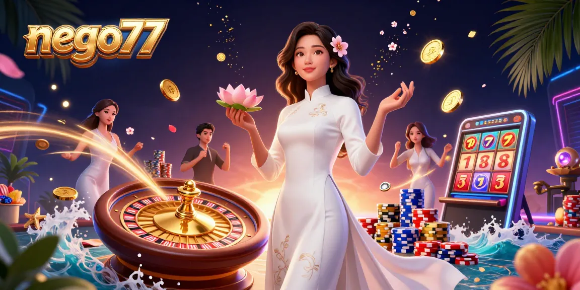 Experience the excitement of nego77 with a lively casino scene featuring a graceful character and vibrant game elements.