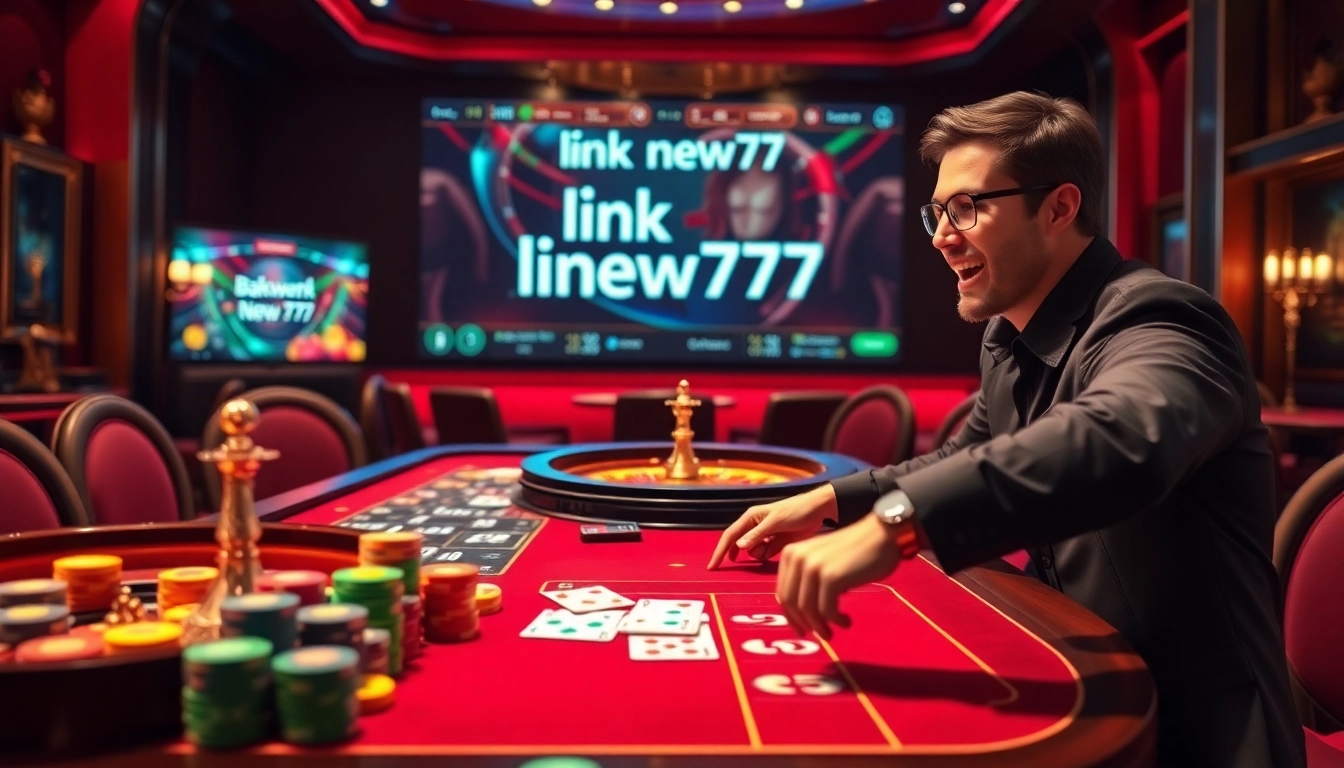 Experience the excitement of casino gaming with link new77, featuring vibrant poker chips and roulette tables.