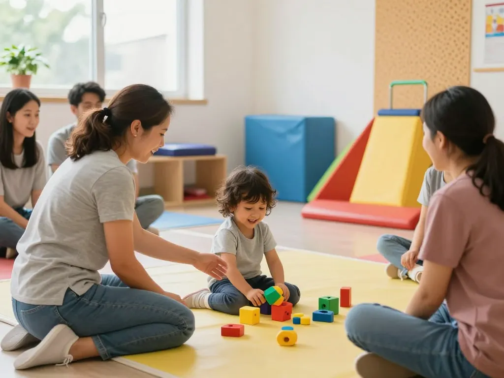Engaging therapy session at Advantage Therapy Norwes with a therapist supporting a child's communication using sensory toys in a bright, welcoming space.