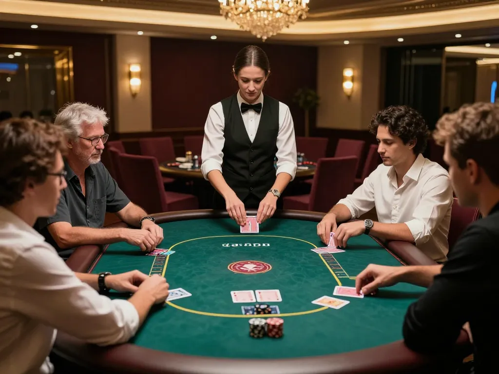 Nk88 players strategizing during an intense poker game at a luxurious casino table.