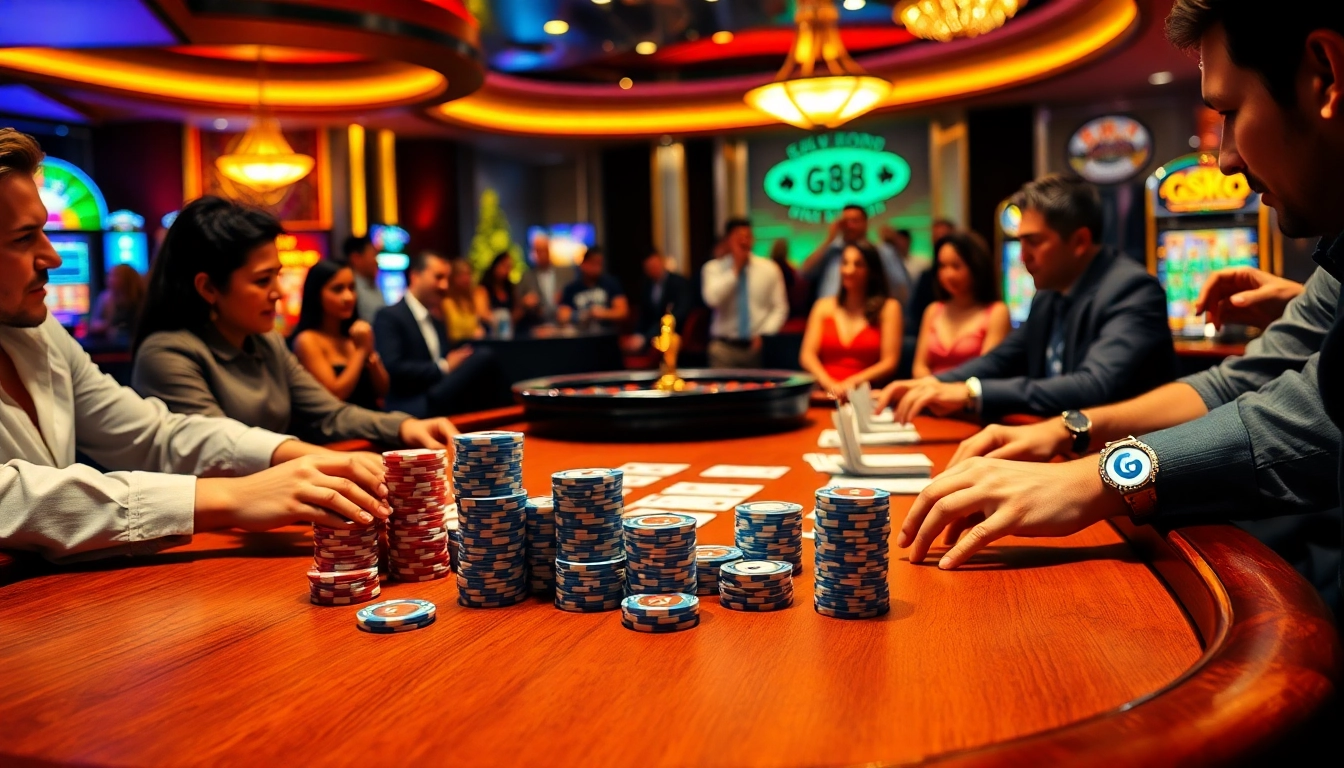 GK88 poker players engaged in high-stakes action at a luxurious casino table.