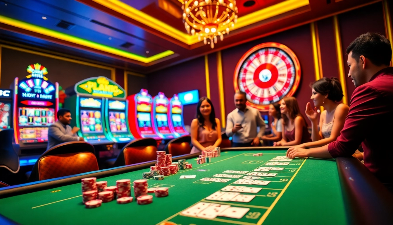 Players enjoying a thrilling game experience on gg88 com, showcasing vibrant casino elements like tables and slots.