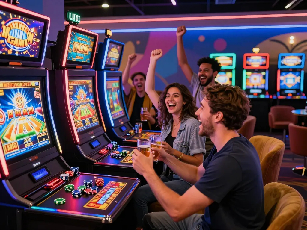 Friends celebrating gaming wins at vegasslot77 online casino lounge, vibrant slot machines and joyful atmosphere.