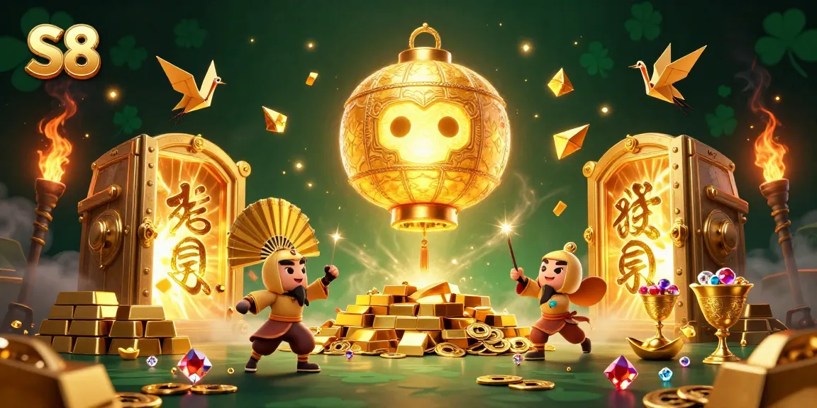 S8 casino experience is enhanced with a glowing golden lantern spirit and lucky symbols in a vibrant illustration.