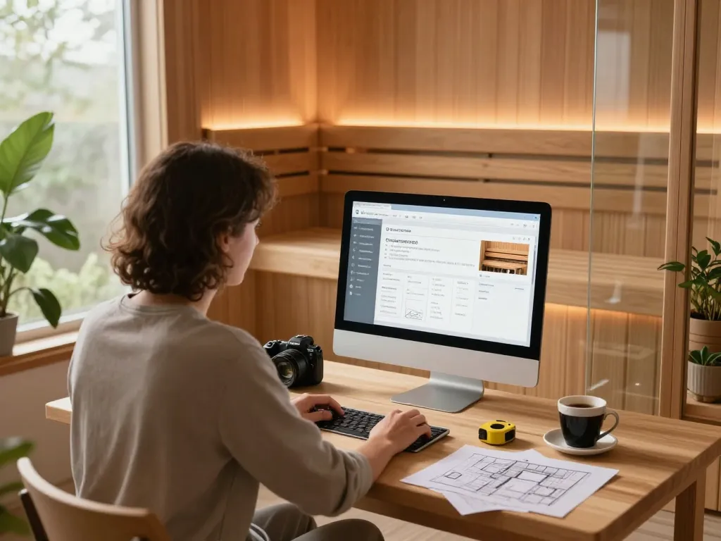 Engaging with a sauna configurator software to design a personalized sauna for wellness.