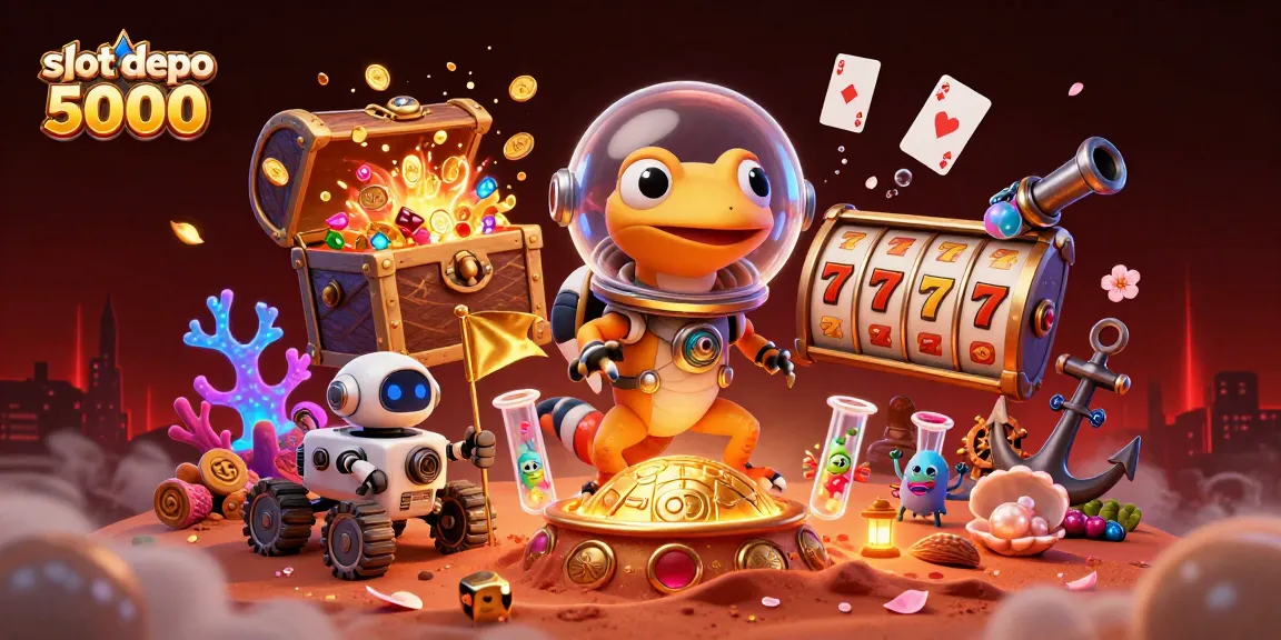 Menggali peluang besar di slot depo 5000 dengan ilustrasi kasino emas intergalaksi yang dinamis.