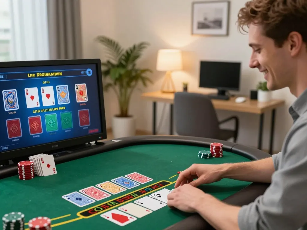 Player enjoying live dealer blackjack on vipwin, showcasing strategic gameplay in a cozy home setup.