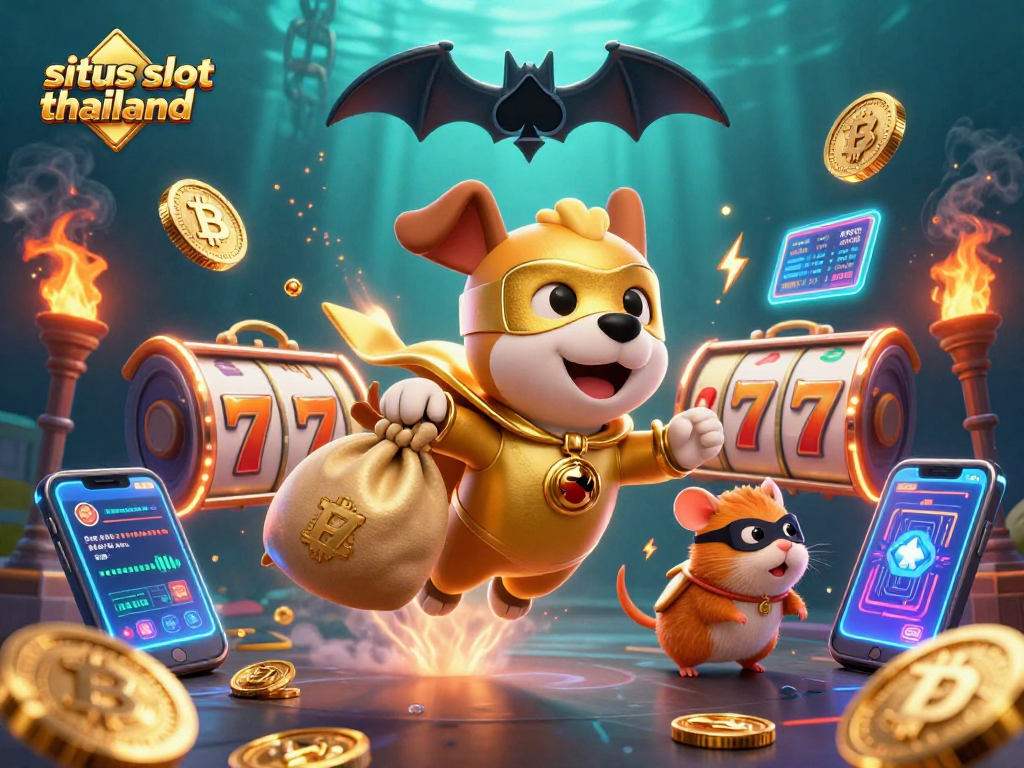 Engage with situs slot thailand in this vibrant illustration featuring superheroes, slot reels, and crypto coins.