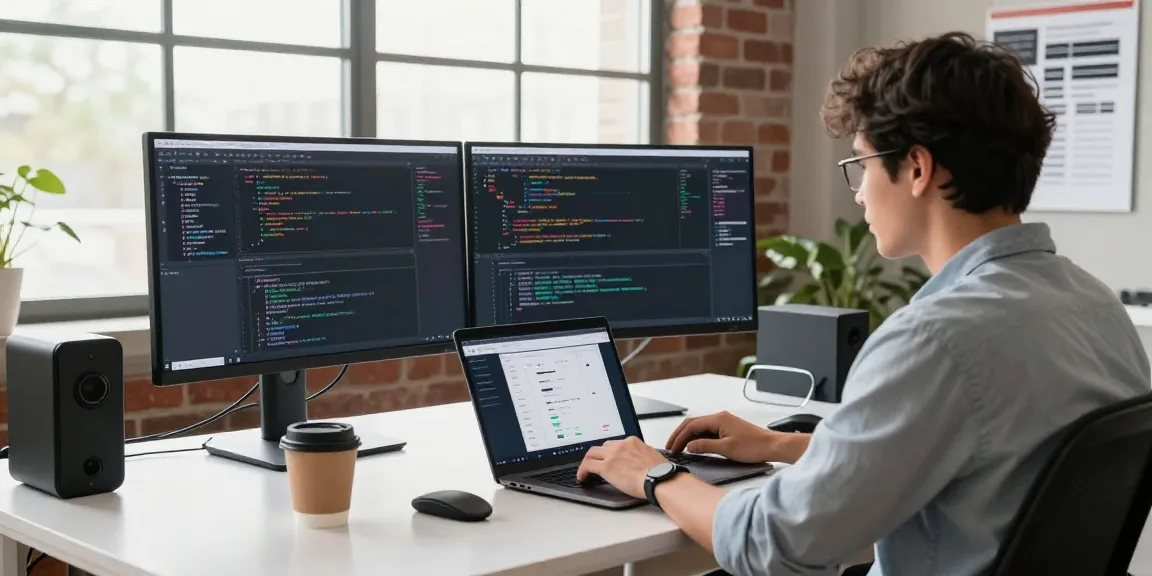 Modern tech workspace illustrating the 纸飞机中文版官网 development environment with multiple screens and coding activity.