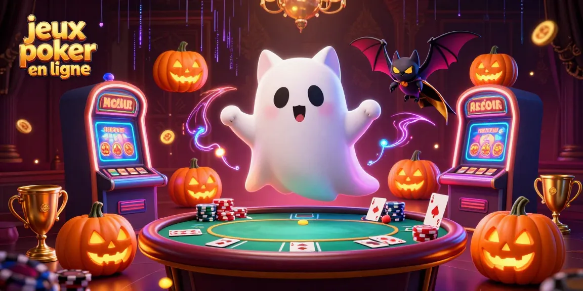 Jouez aux jeux poker en ligne avec cette illustration captivante du chat fantôme et de la chauve-souris dans un casino hanté.