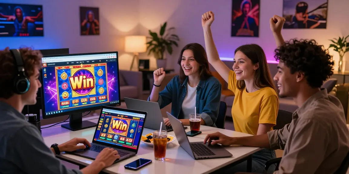 Friends enjoying a situs gacor gaming session, celebrating wins with snacks and laptops in a cozy setting.