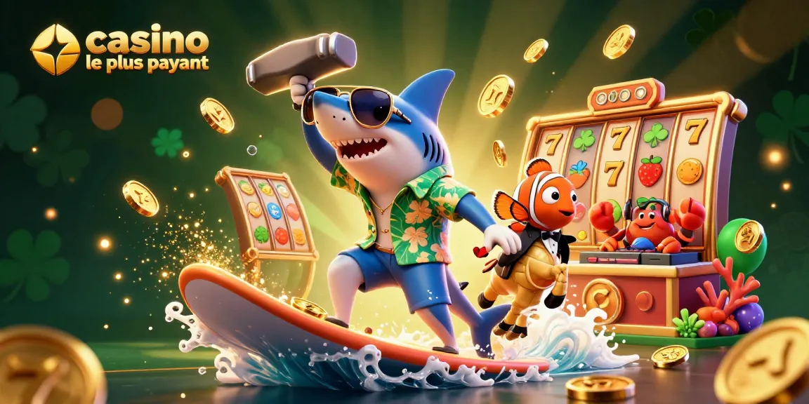 Illustration du casino en ligne le plus payant avec un requin surfeur et des éléments de machines à sous.