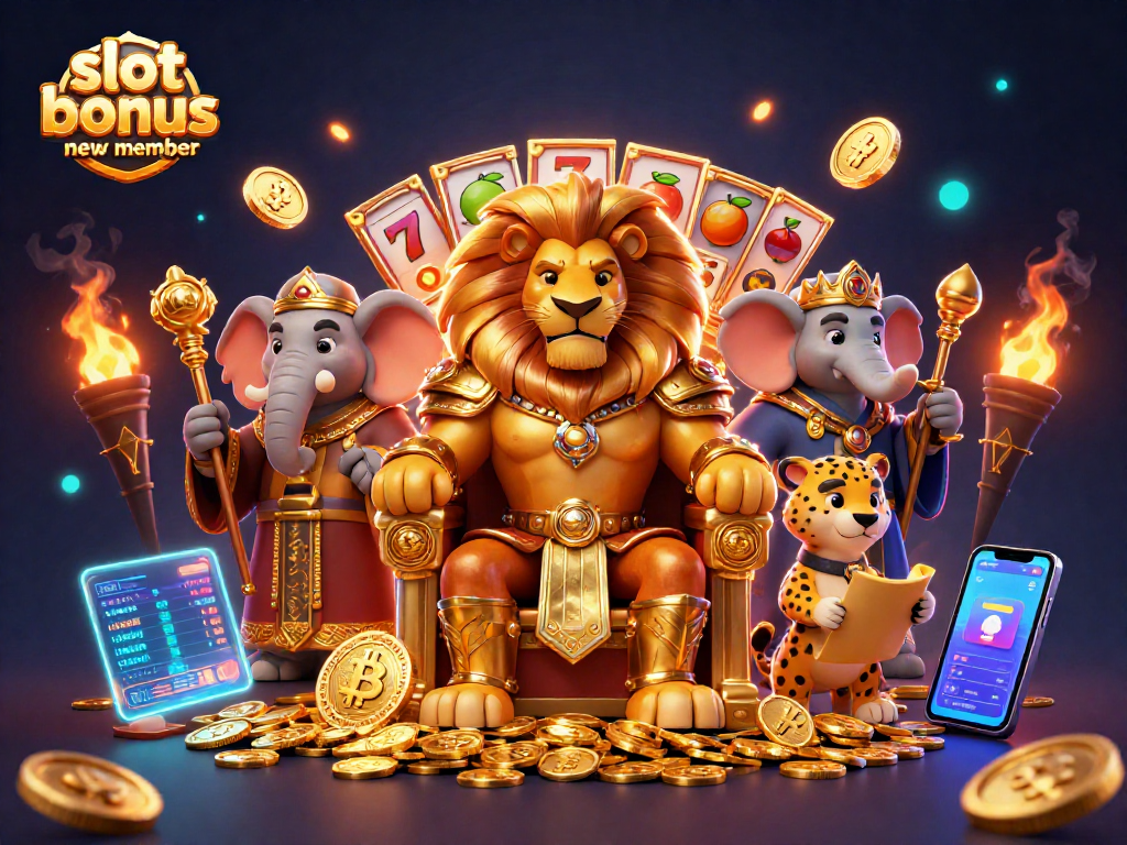 Win big with slot bonus new member offers in this vibrant 3D casino scene featuring a lion king and magical elements.