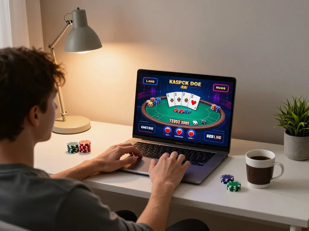 Iwin player engaging in an exciting online poker game at home, showcasing a modern gaming setup