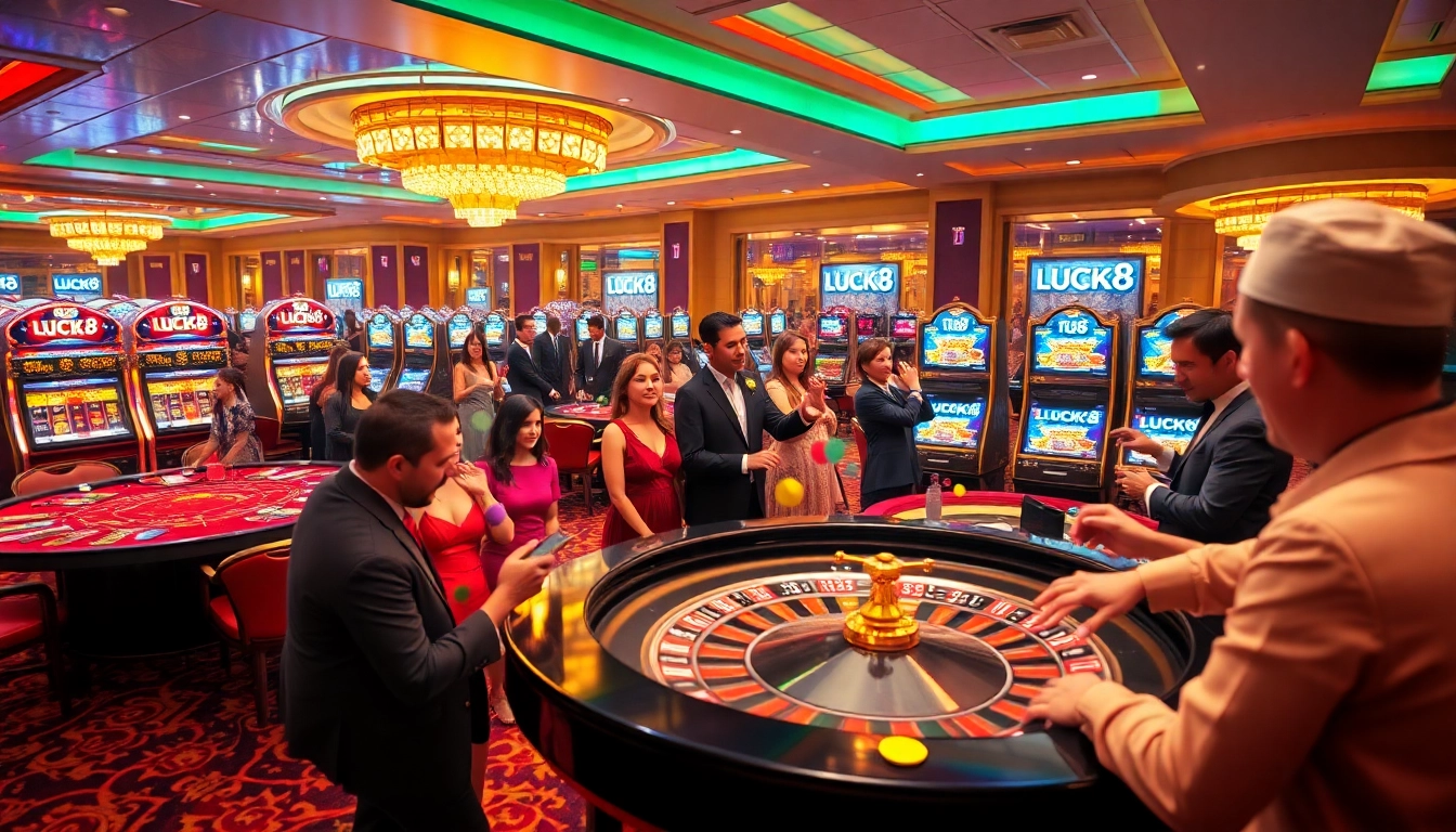 Players engaging at LUCK8 Casino's vibrant roulette table with colorful chips and illuminated slots.