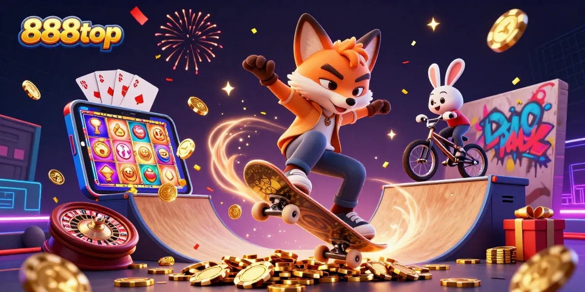 Experience thrilling wins at 888top with a lively scene of cartoon characters showcasing vibrant casino elements.