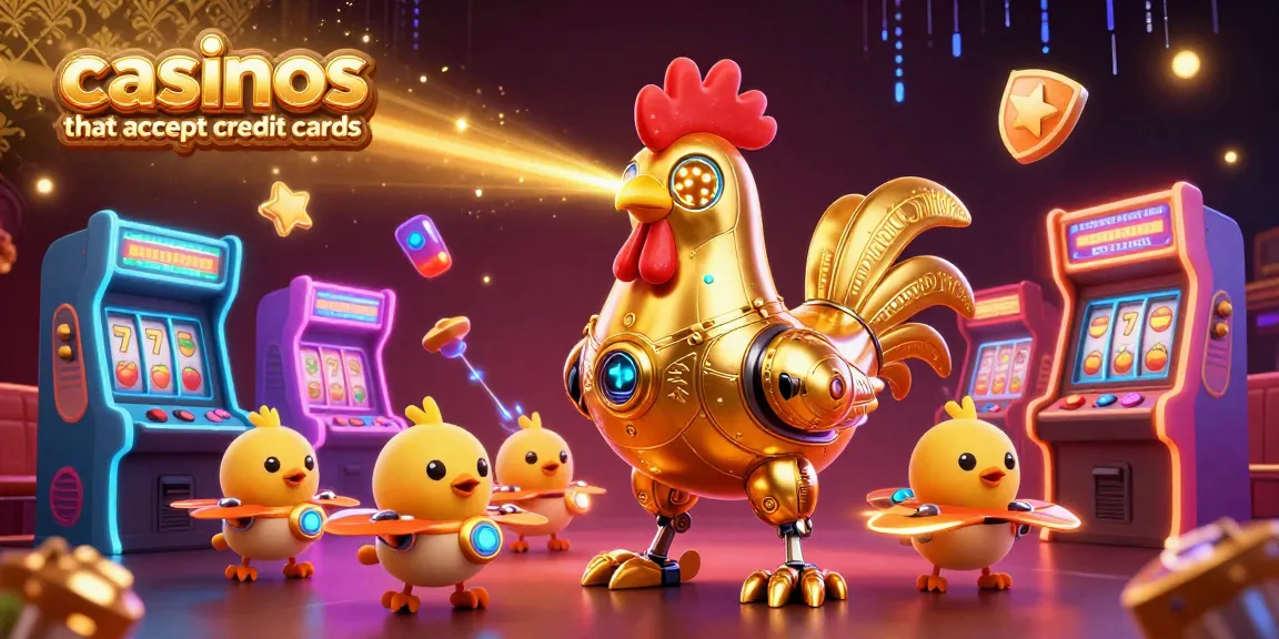 Experience excitement at casinos that accept credit cards with golden rooster robot and vibrant gaming elements.