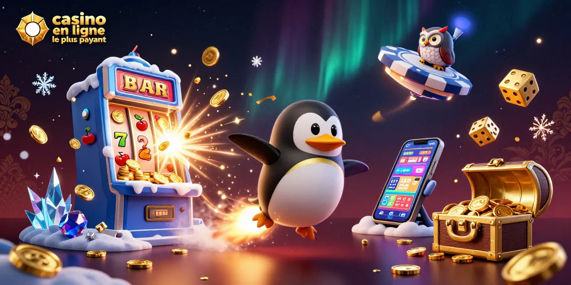 Découvrez le casino en ligne le plus payant avec des symboles de machines à sous et une scène festive.