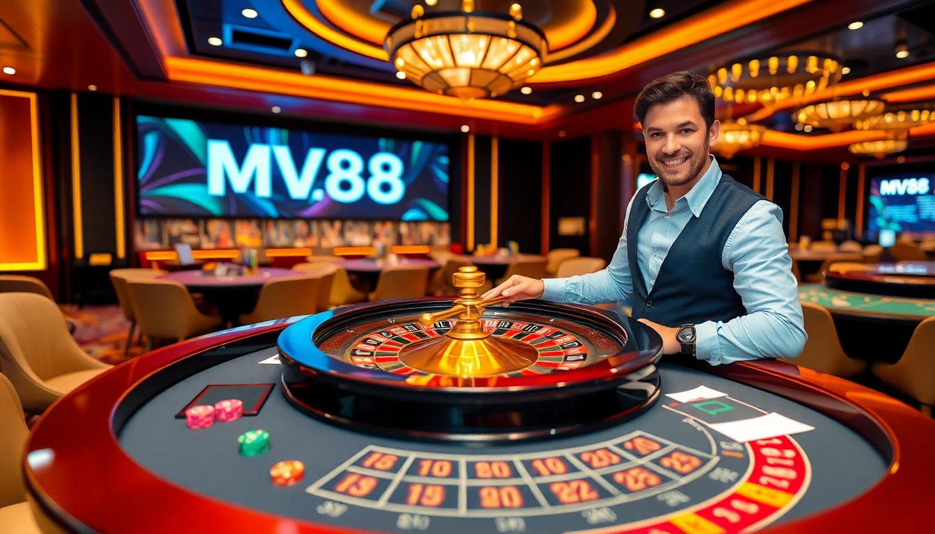 A gambler enjoying the thrill of the MV88 casino roulette table, encapsulating luxury and excitement.