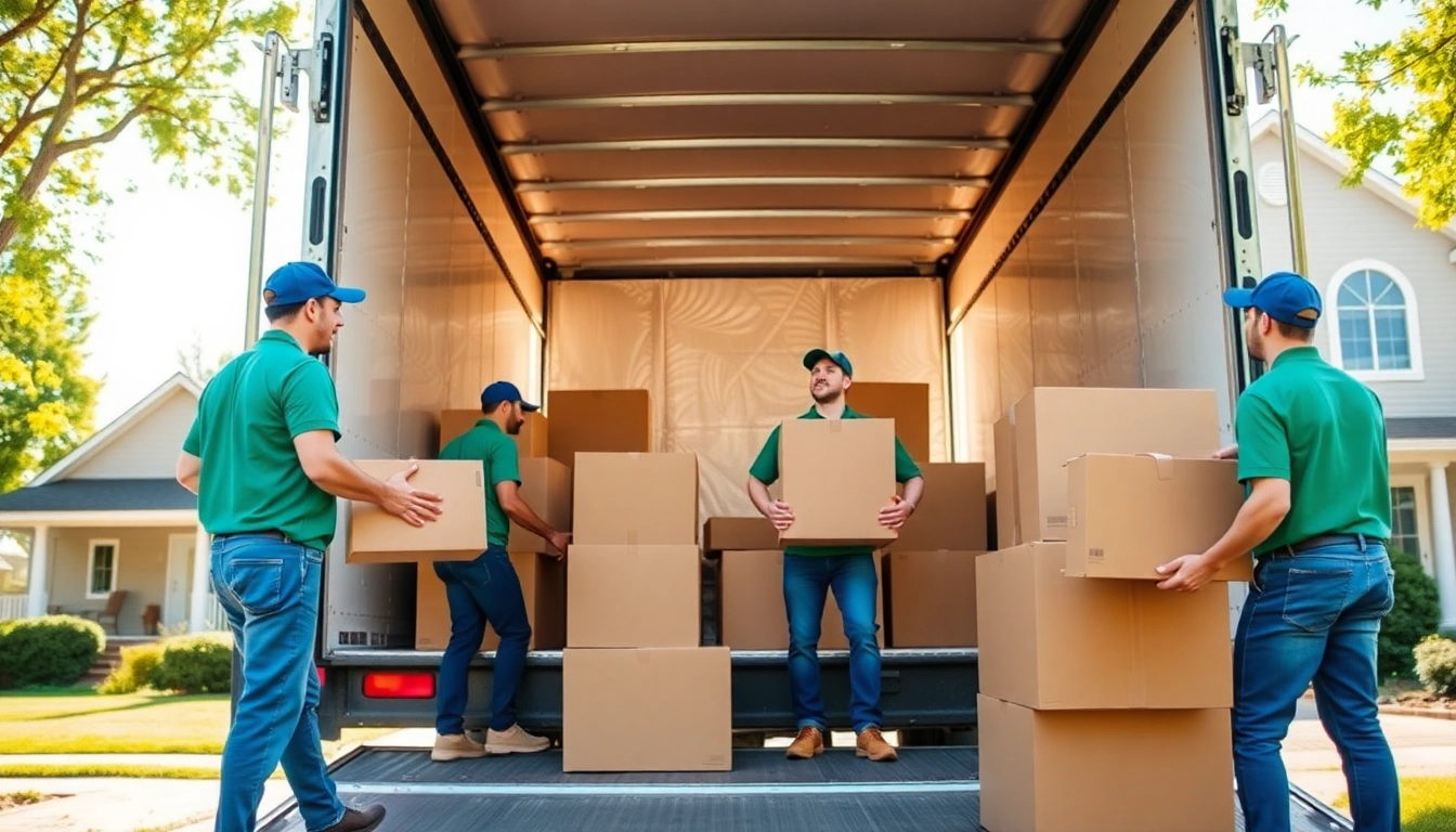 Experienced province to province movers loading boxes into a moving truck in a sunny neighborhood.
