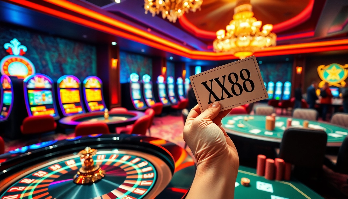 Experience the excitement of winning at XX88's vibrant casino setting with roulette and slot machines.