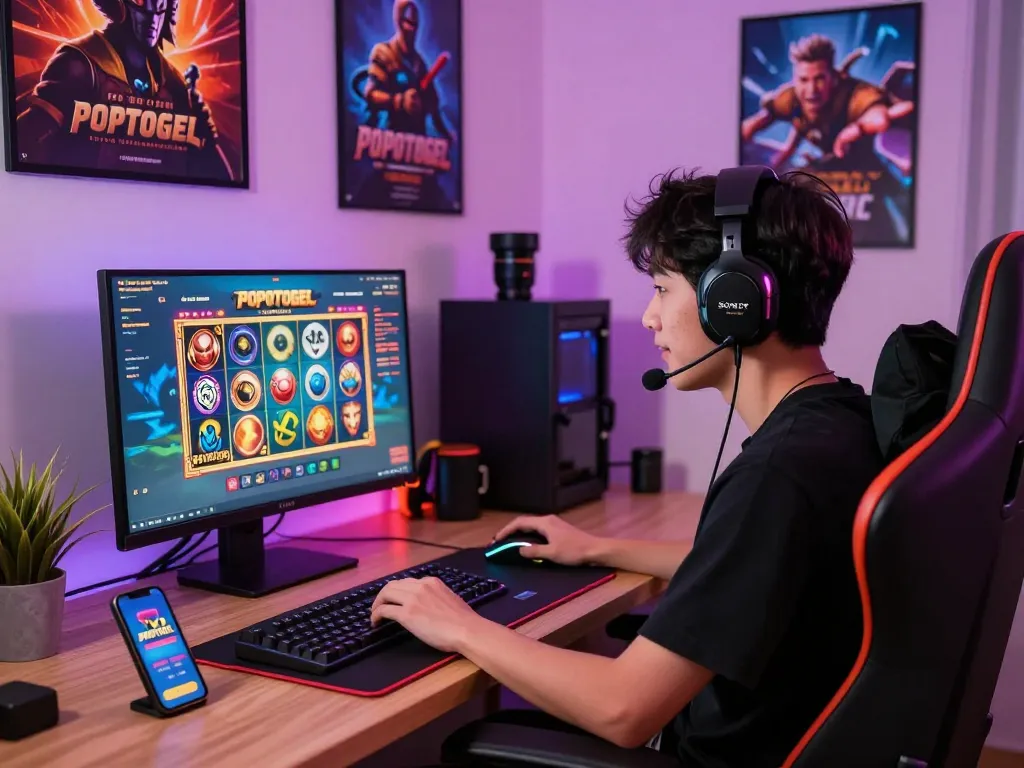 Exciting online gaming scene showcasing a player engaging with the POPOTOGEL platform in a vibrant gaming setup.