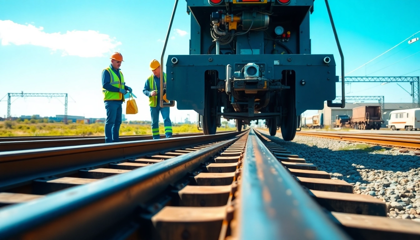 Workers performing essential railroad maintenance tasks on track infrastructure for safety and efficiency.