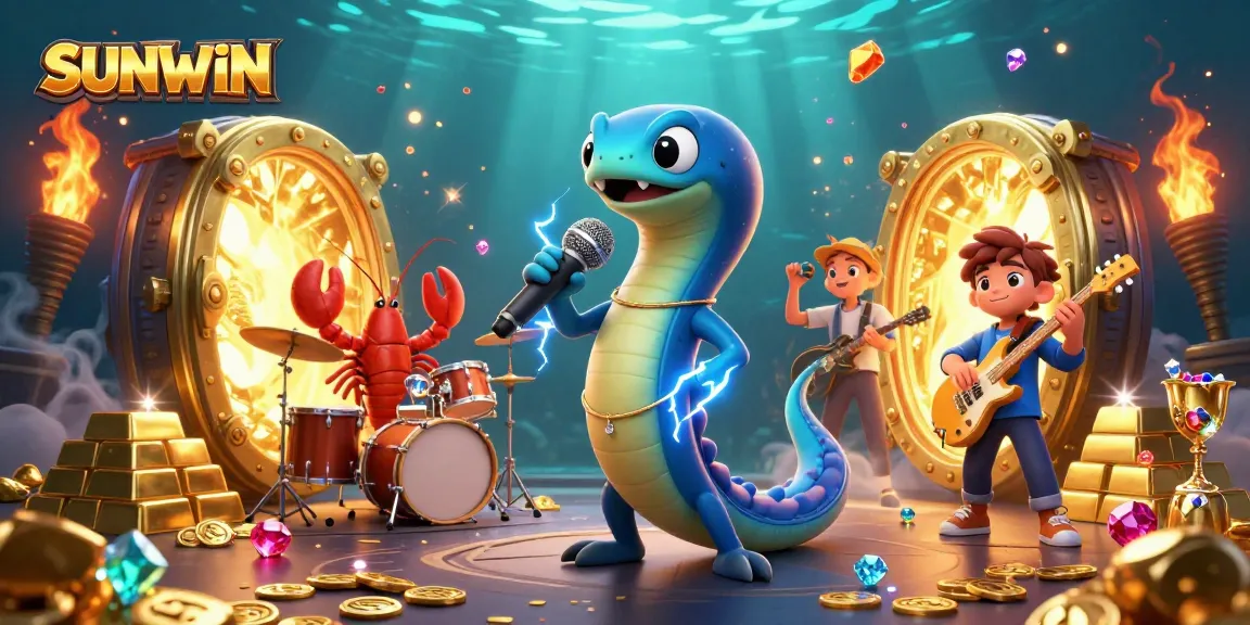 SUNWIN's vibrant underwater casino scene with an electric eel DJ, lobster drummer, and seahorse guitarist, showcasing exciting golden treasures.