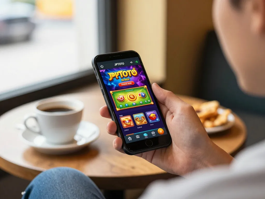 Player exploring JPTOTO mobile app for slot games in a cozy cafe setting