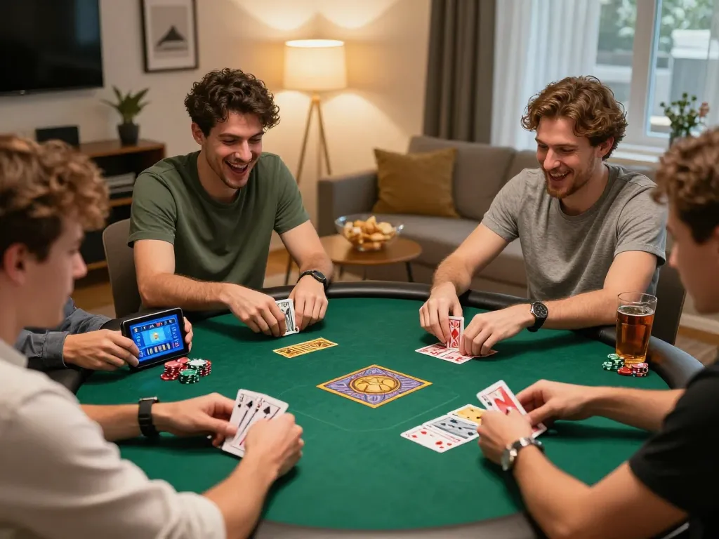 Friends enjoying a poker game at home, highlighting gori77 strategies and interactive social gaming.