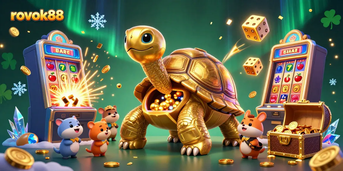 Experience the thrill of rokok88 with a vibrant 3D scene of a golden tortoise and dynamic gambling elements.