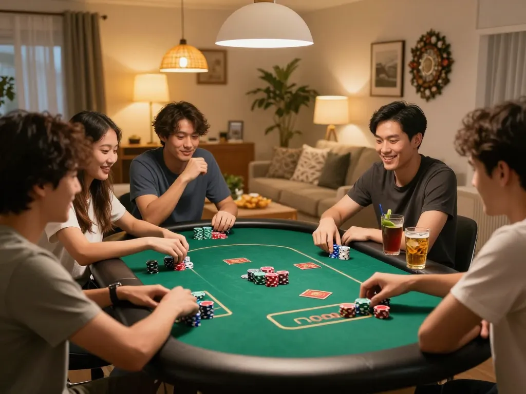Friends enjoying a poker night with f8bet themed games and vibrant atmosphere