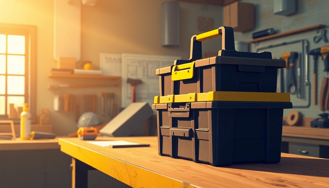 Organize your workspace efficiently with the Stanley stackable tool box, highlighted in an arranged workshop setting.