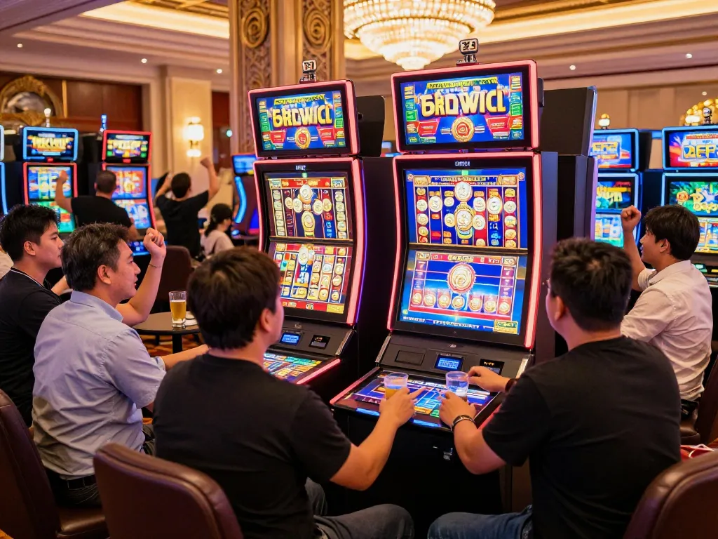A player enjoys a thrilling gaming session on 5699 com's advanced slot machines, featuring vibrant lights and excited reactions.