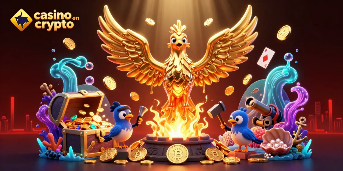Visualisez le séjour passionnant d'un casino en crypto avec un phoenix doré en métal liquide, des cartes flottantes, et des pièces d'or.