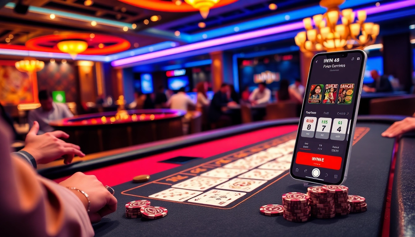IWIN68 players enjoying an upscale casino experience with a blackjack table and roulette wheel.