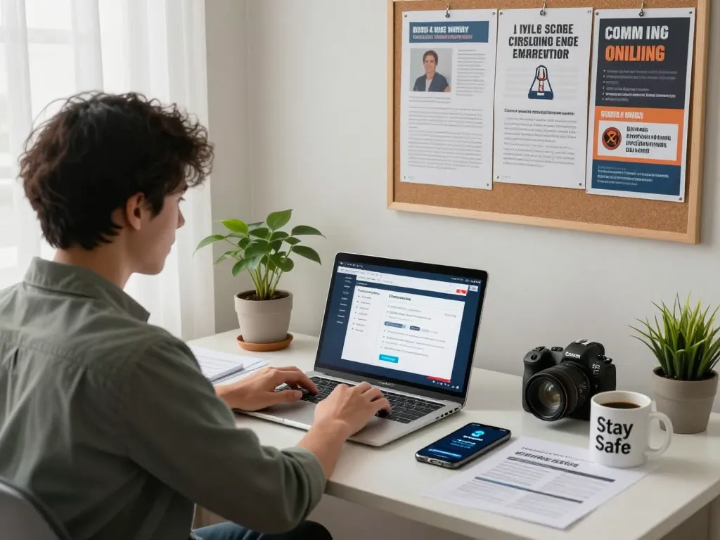 Individual learning about the Pig Butchering Scam in a modern home office.