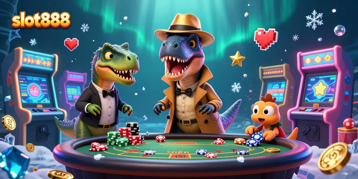 Menangkan jackpot slot888 dengan karakter dinosaurus beraksi di kasino digital yang penuh warna.