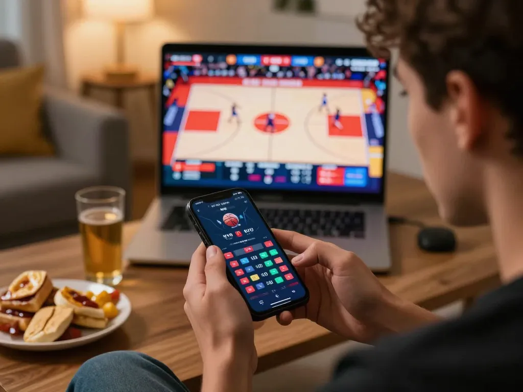 Player placing live bets on rr88 app during a basketball game in a lively home setting.