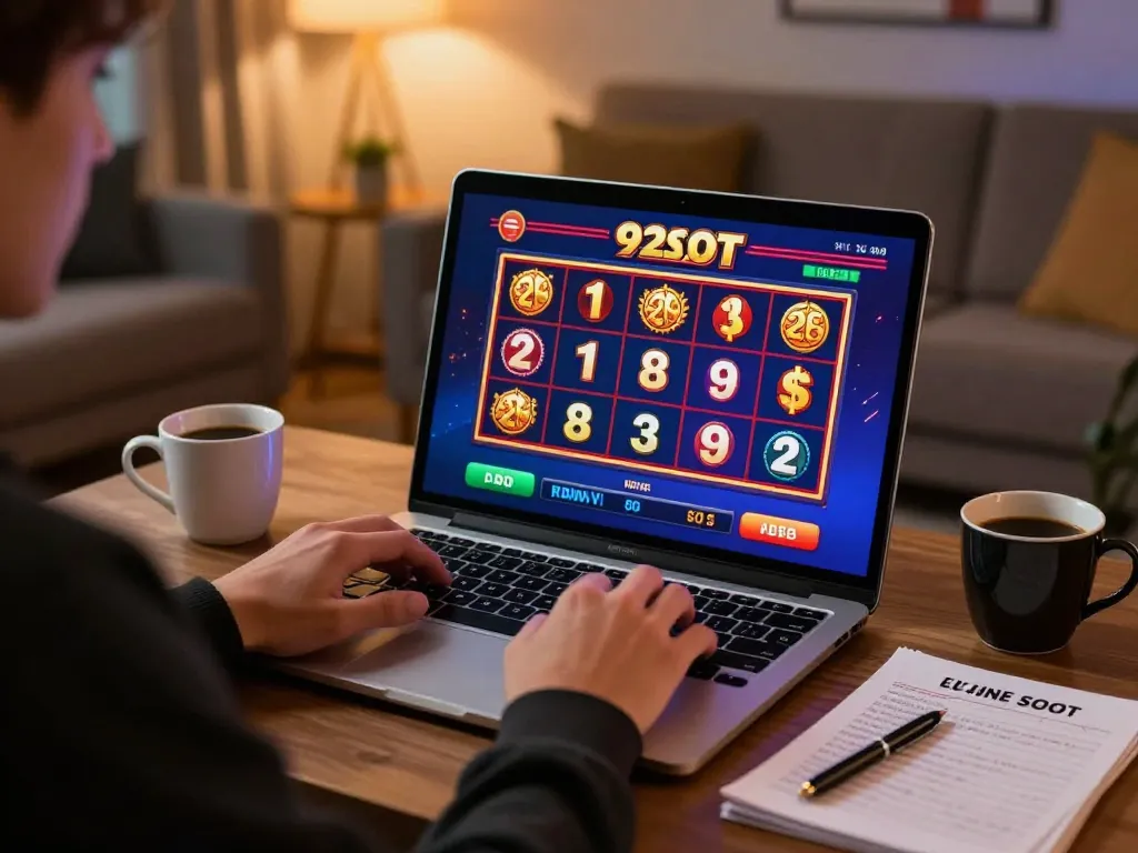 Engaged player strategizing their next move on 92slot gaming platform during a cozy online session