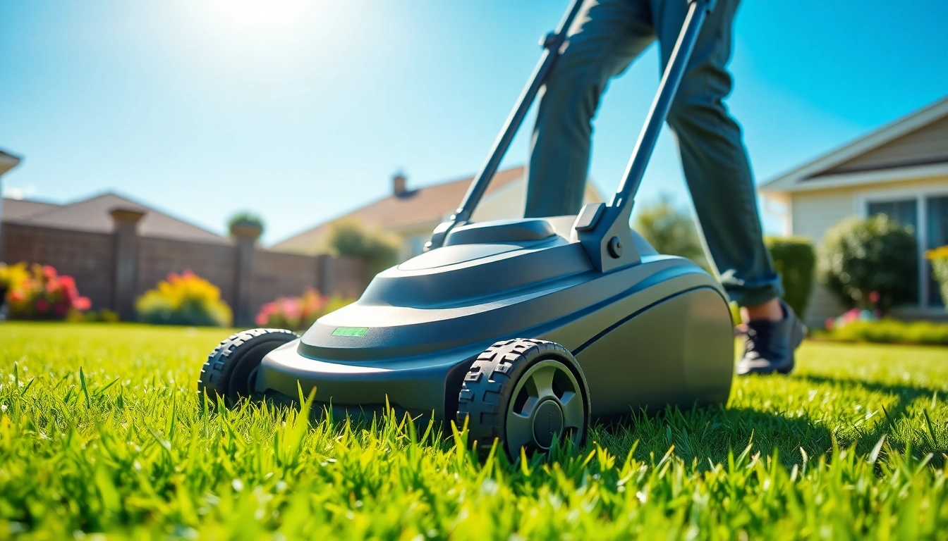 Electric lawn mower cordless cutting a vibrant green lawn in a sunny suburban yard.
