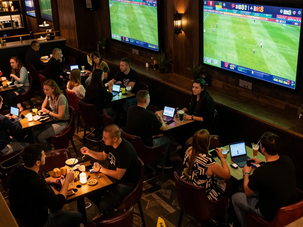 Fans engaging in live sports betting at BK8 during a football match in a vibrant bar.