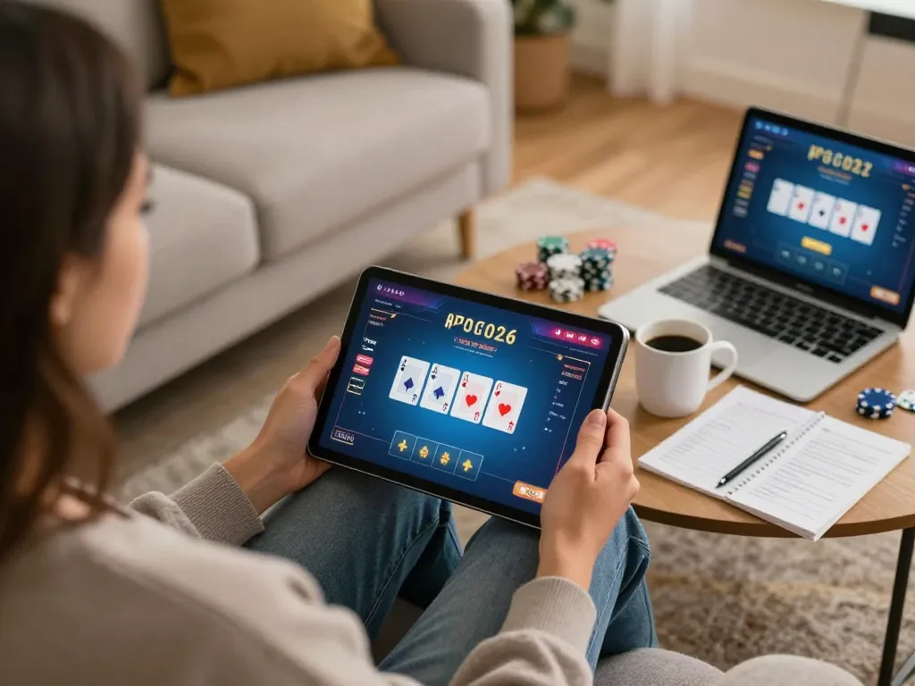 Situs slot gameplay on a tablet illustrating a strategic online poker session in a cozy home setting.