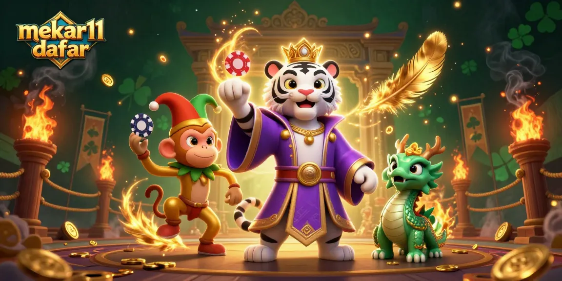 Engage with mekar11 daftar, showcasing a vibrant 3D scene with casino elements and lively characters.