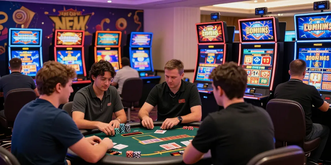 Exciting non UK online casinos gaming scene with diverse players at tables and slot machines.