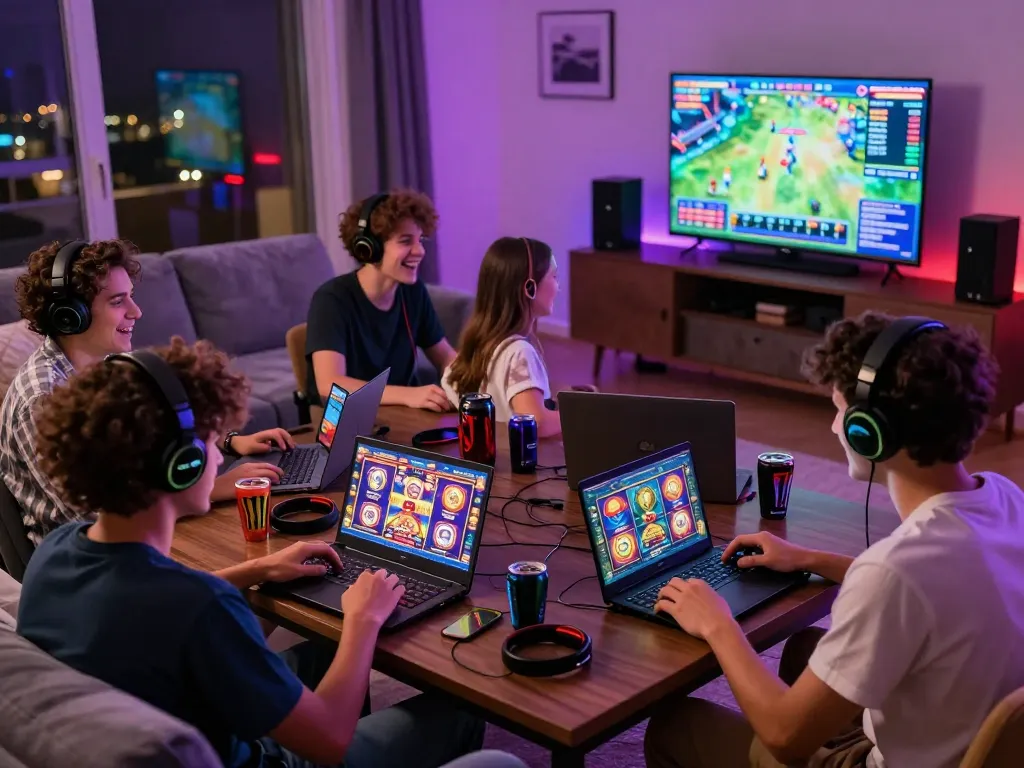 Engaging players exploring slot gacor games in a vibrant living room, showcasing exciting gaming atmosphere.