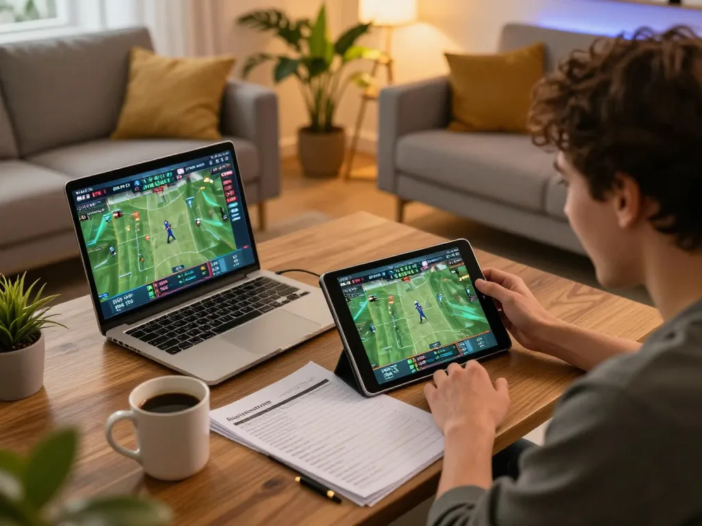 Xoilactv user engaging with live betting on tablet in a cozy home setup during sports events.